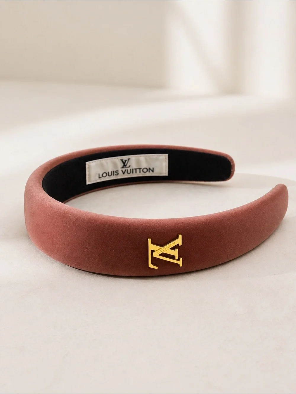 Louis Vuitton Rust-Brown Padded Headband with Gold LV Emblem
